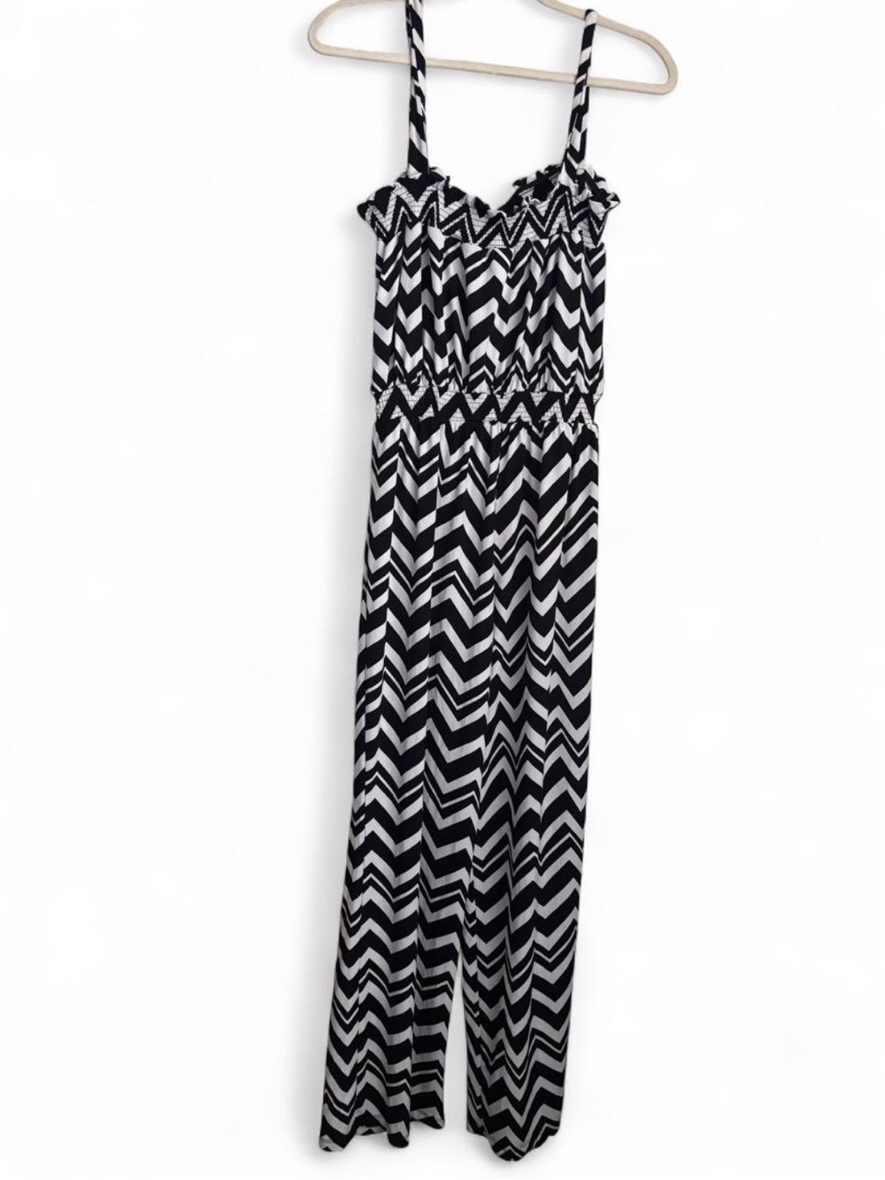 Allison Britney Black & White Chevron Jumpsuit with Spaghetti Straps y2k
